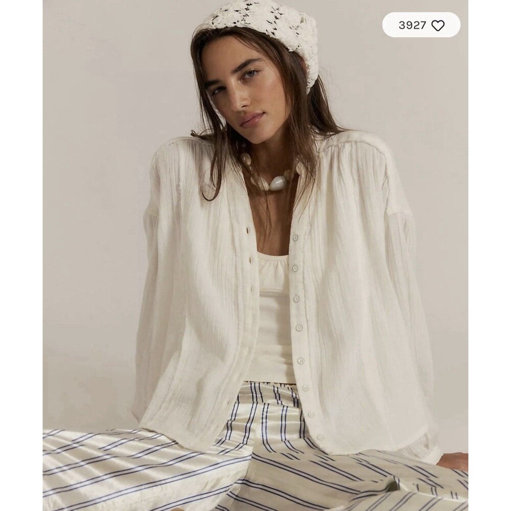 We The Free People Valley Double-Cloth Clean Ivory Gauzy Long Sleeve Top Small